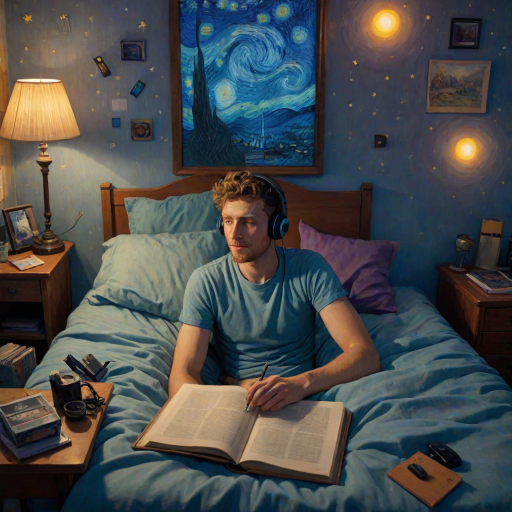 A top-down Van Gogh-style painting of a young man lying on his bed, listening to music with headphones. The room is softly lit with deep blues and purples, creating a peaceful nighttime atmosphere. The bed has a soft pillow, and the man's arms are resting behind his head. Around the bed, various glowing gadgets such as a smartphone, a laptop, and a small lamp are visible, casting a gentle light. The rest of the bedroom includes a desk with books, a chair, and a small rug on the floor. A window near the bed reveals a starry night sky with swirling stars, reminiscent of Van Gogh's 'Starry Night.' On the desk, there is a sketchbook with colorful drawings, a cup of coffee steaming gently, and a small potted plant. The walls have posters of famous paintings and a corkboard with pinned notes and photos. The scene is full of dynamic, swirling brushstrokes, capturing the essence of Van Gogh's unique style. The overall mood is serene and contemplative, with a touch of artistic inspiration.