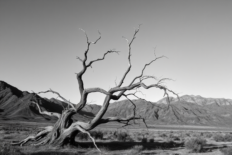A desolate landscape featuring a gnarled, leafless tree in the foreground with dramatic mountains in the background, captured in black and white, using a DSLR camera with a 50mm lens, aperture set to f/8, ISO 200, shutter speed 1/125s, angled view, slightly low perspective, captured during golden hour for enhanced contrast and texture.
