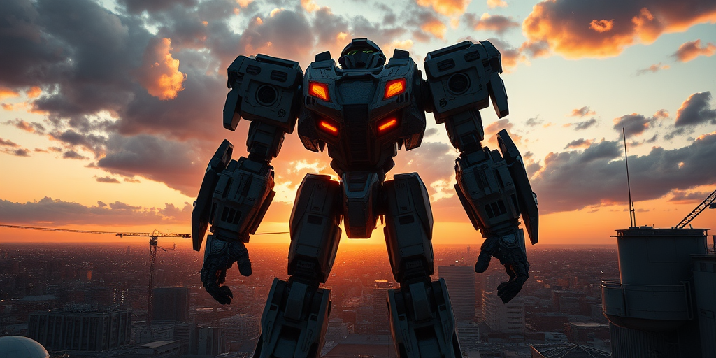 Create a detailed illustration of a massive, futuristic robot standing majestically on a rooftop overlooking a city at sunset, capturing the dramatic lighting and intricate mechanical design, using a Canon EOS R5 with a 24-70mm f/2.8 lens at f/4, ISO 100, 1/250 sec, wide-angle view, cinematic style.