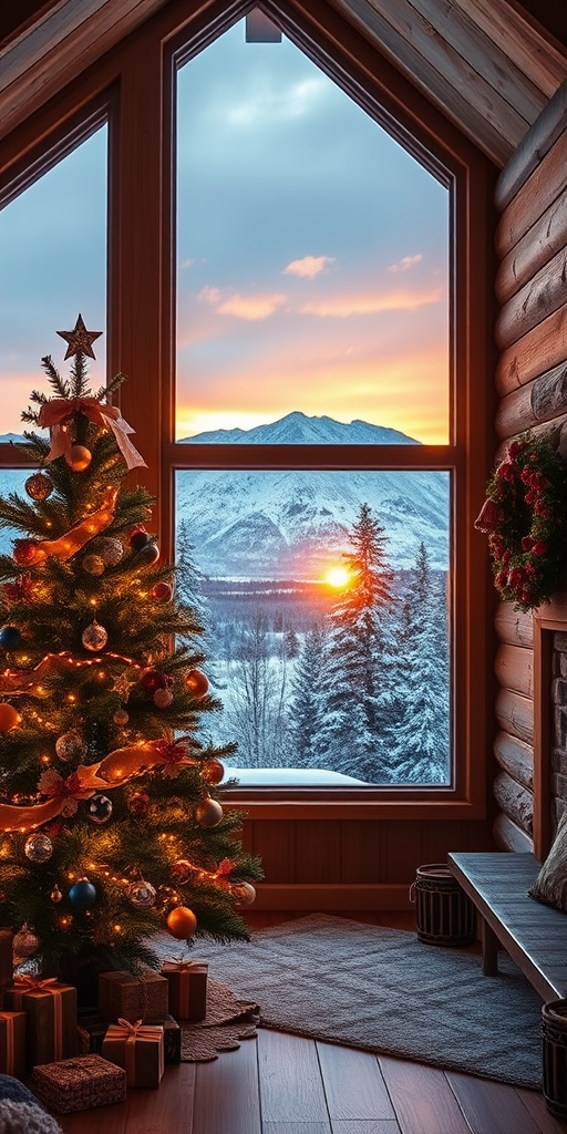 Generate an image of a cozy cabin interior during winter, featuring a beautifully decorated Christmas tree with ornaments and lights. The scene includes large windows showcasing a stunning snowy mountain landscape at sunset, with warm light illuminating the cabin's wooden features.