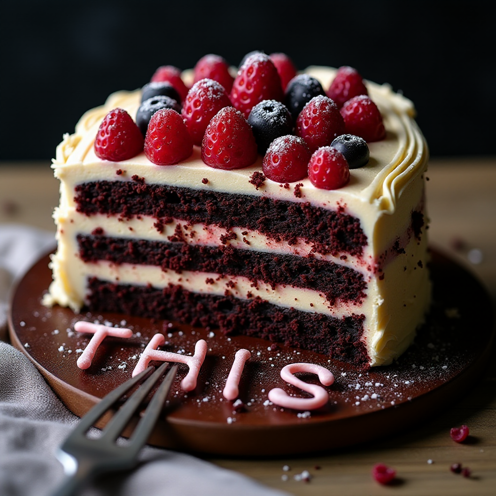 black forest gateau cake, spelling out the words "PROMPT THIS", tasty, food photography, dynamic shot