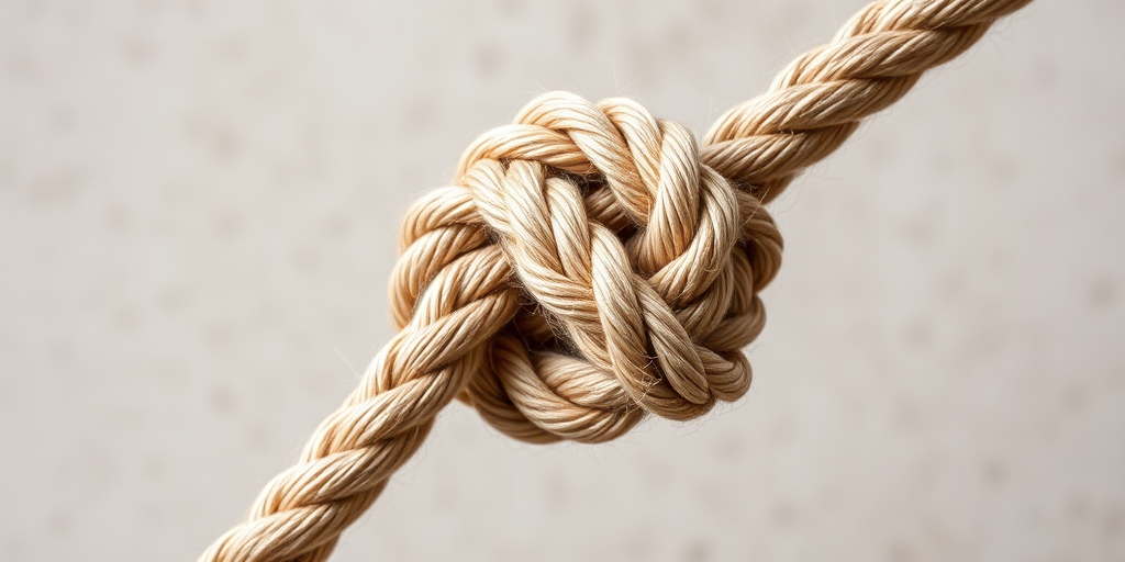 Create a high-resolution image of a bowline knot with a close-up view, using a DSLR camera at f/2.8 aperture, ISO 100, and 50mm lens to highlight the details and texture of the ropes against a neutral background.