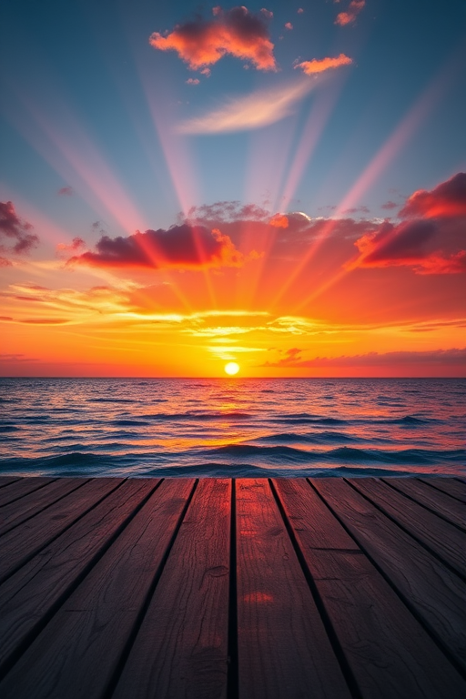 a stunning sunset over a calm ocean, captured from a low angle on a wooden dock, vibrant colors in the sky with sun rays piercing through clouds, shot with a DSLR camera at f/11, ISO 100, 1/200s, using a wide-angle lens for expansive view and soft focus on foreground planks