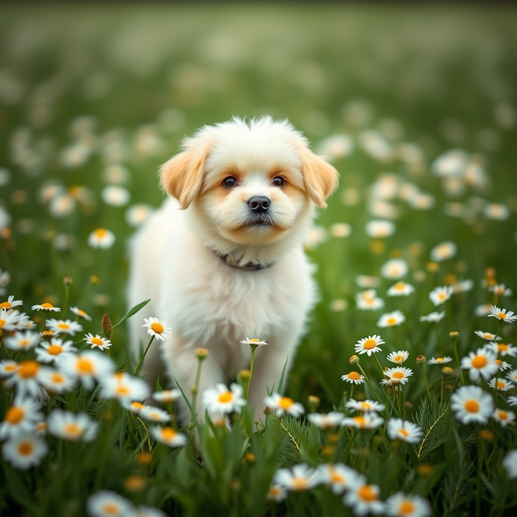 A fluffy dog standing amidst white daisies in a lush green field, captured in soft natural light with a shallow depth of field, using a DSLR camera at f/2.8, ISO 200, and 1/500s shutter speed for enhanced clarity and focus.