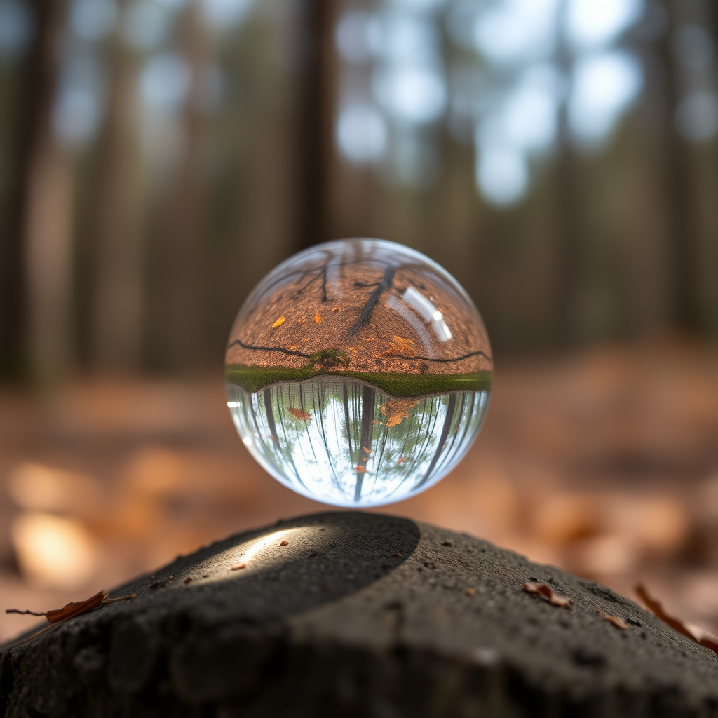 Capture a crystal ball reflecting a forest scene with soft bokeh in the background, using a Canon EOS R5 with a 50mm f/1.8 lens at f/2.8, ISO 100, and a shutter speed of 1/200 sec, shot at eye level with a shallow depth of field for enhanced clarity.