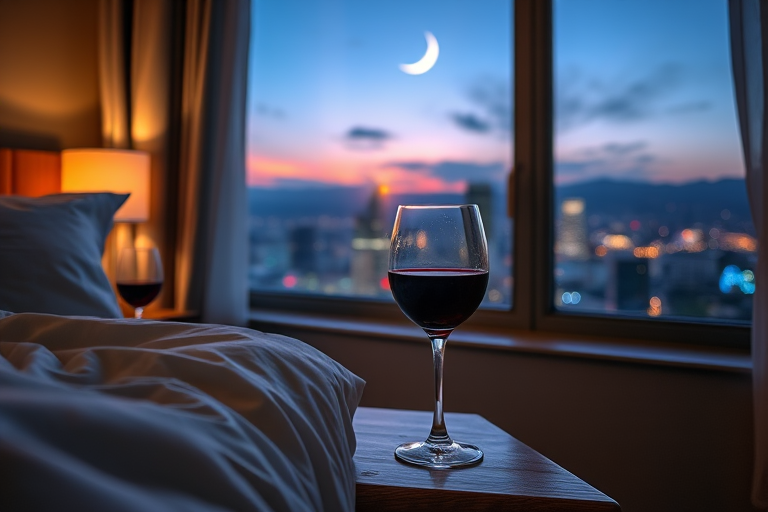 A romantic evening scene featuring two wine glasses, one with white wine and the other with red wine, on a wooden nightstand beside a bed with soft linens, a large window showing a city skyline illuminated by twilight and a crescent moon in the sky, taken with a DSLR camera, 50mm lens, f/1.8 aperture, ISO 200, 1/60 sec, soft natural lighting for enhanced clarity.
