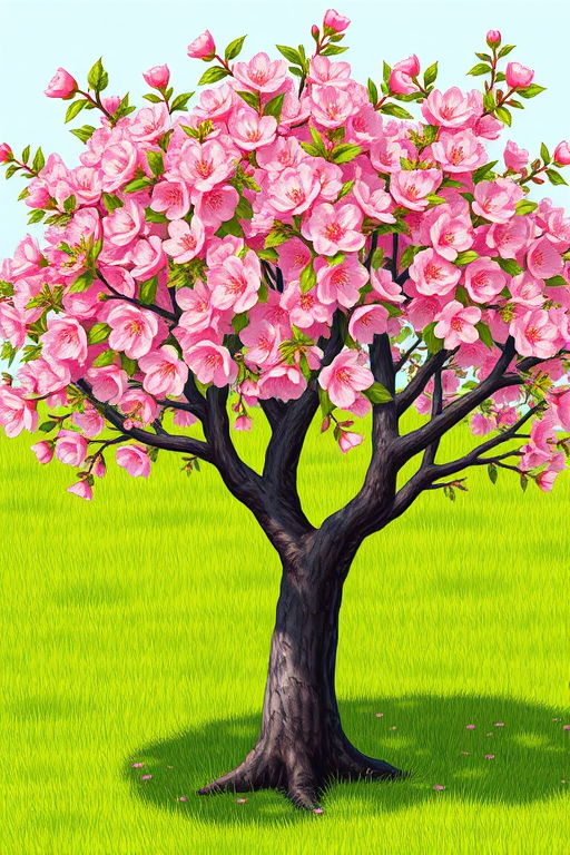 create a realistic illustration of a blooming cherry tree with vibrant pink flowers and a strong trunk surrounded by green grass in a bright, sunny setting