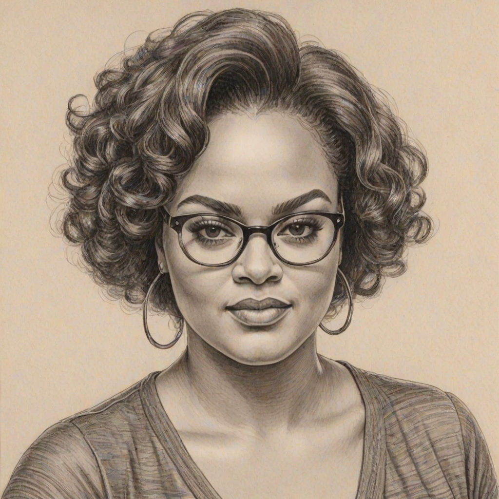 Superb Jill Scott, pencil sketch, portrait of Alluring woman 1977s in glasses, hair style beatnik, outline, clear lines, fine lines, 8k