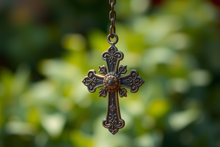 Create an image of an ornate cross hanging from a chain with detailed embellishments, using a DSLR camera, 50mm lens, f/1.8 aperture, ISO 100, and a shallow depth of field to emphasize the intricate design against a softly blurred background of greenery.