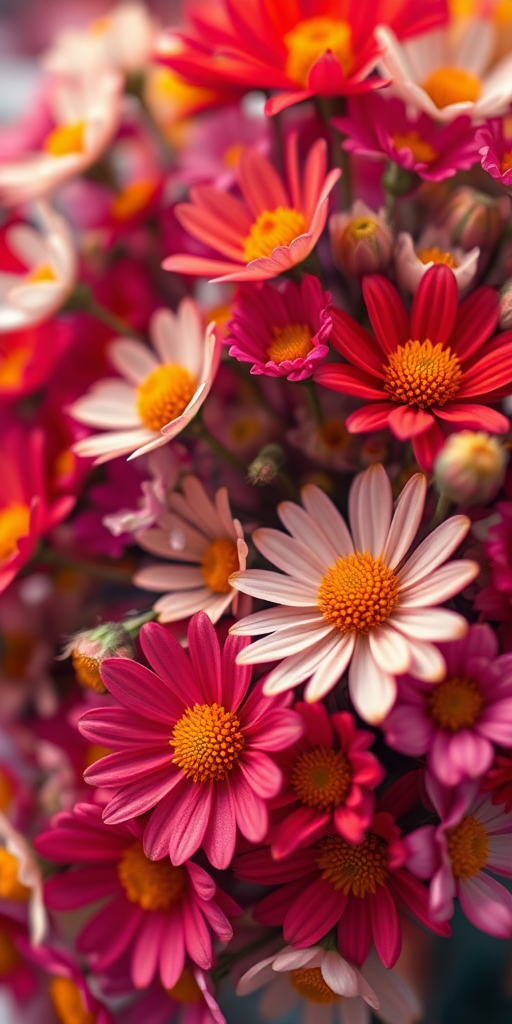 Create an abstract colorful explosion of flowers with a shallow depth of field, using a Canon EOS R5, f/2.8 aperture, 1/125s shutter speed, ISO 100, in a vibrant macro photography style.