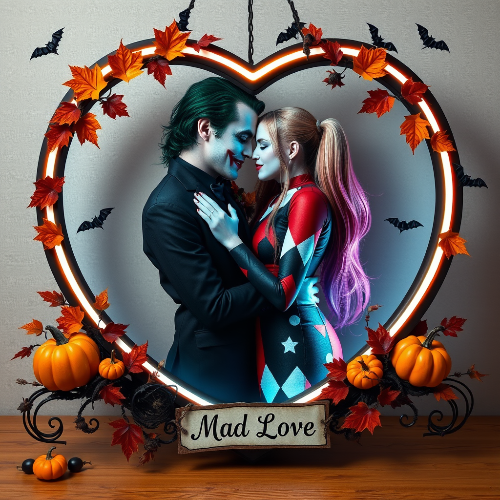 The Joker, neat, wearing a black suit and a beautiful Harley Quinn with long hair, both romantic, hugging and cuddling in the middle of a neon linen black heart frame decorated with dead leaves, bats, and small pumpkins, with a label at the bottom that reads 'Mad Love' made of linen, in a photo realistic style.