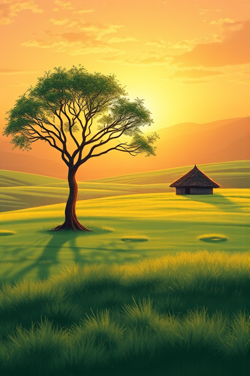 Generate a high-quality illustration of a serene landscape featuring a single tree and a small thatched-roof hut in the background, using a wide-angle lens with a focal length of 24mm, aperture set to f/8 for depth of field, captured with a digital DSLR camera at sunrise for soft lighting and vibrant colors, with a painterly style that emphasizes the natural beauty of the scene.