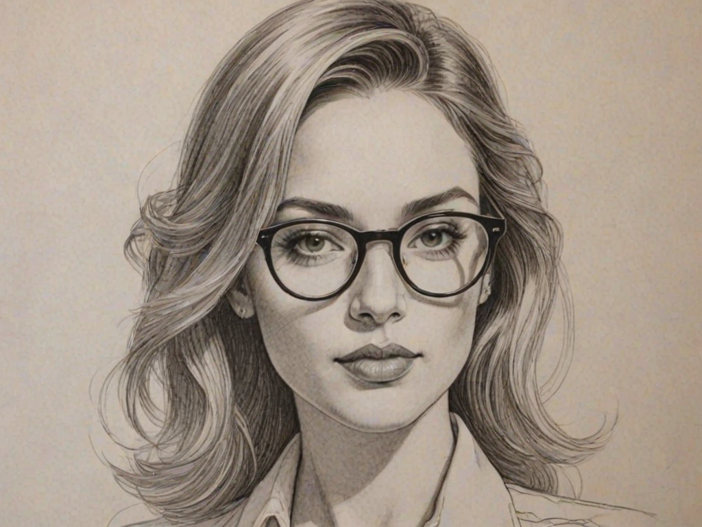 Magnificent Mariana Trevino, pencil sketch, portrait of Stunning woman 1975s in glasses, hair style beatnik, outline, clear lines, fine lines, 8k