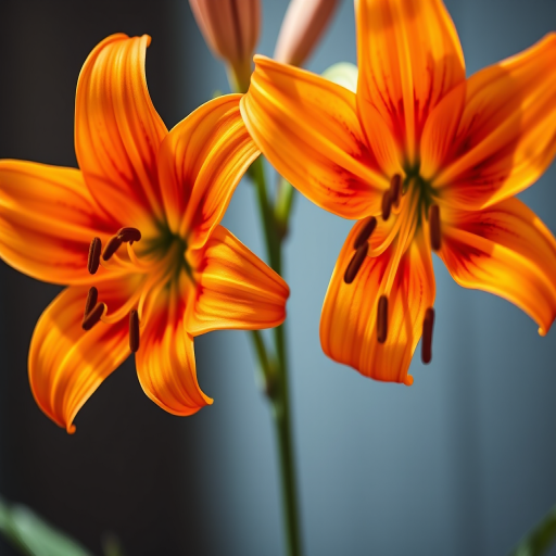 Create a high-resolution close-up image of vibrant orange lilies with detailed petals, focusing on texture and color, using a Canon EOS 5D Mark IV, 100mm macro lens, f/2.8 aperture, ISO 100, natural light, and a blurred background for depth.