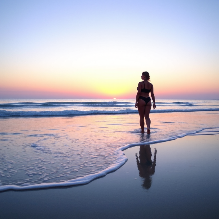 Deserted beach at dawn, soft waves lapping against the shore, a woman in a swimsuit stands knee-deep in the water, watching the first light of the sun rise over the horizon.