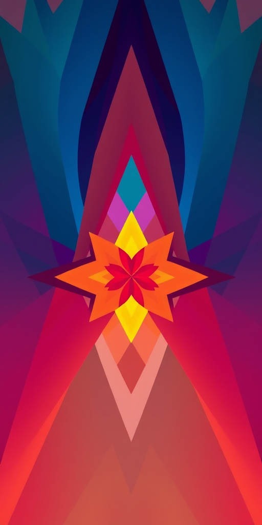 Generate an abstract design with vibrant colors and geometric shapes, using a Nikon D850 with a 35mm lens at f/1.8, ISO 100, shot from a top-down view, in high dynamic range.