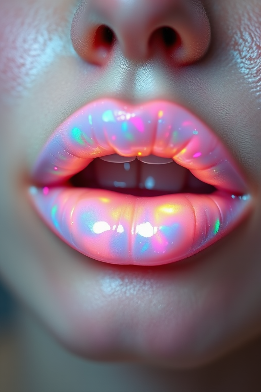 Radiant opal lips shimmer with iridescent white and pastel rainbow hues, creating a magical and ethereal effect perfect for editorial imagery