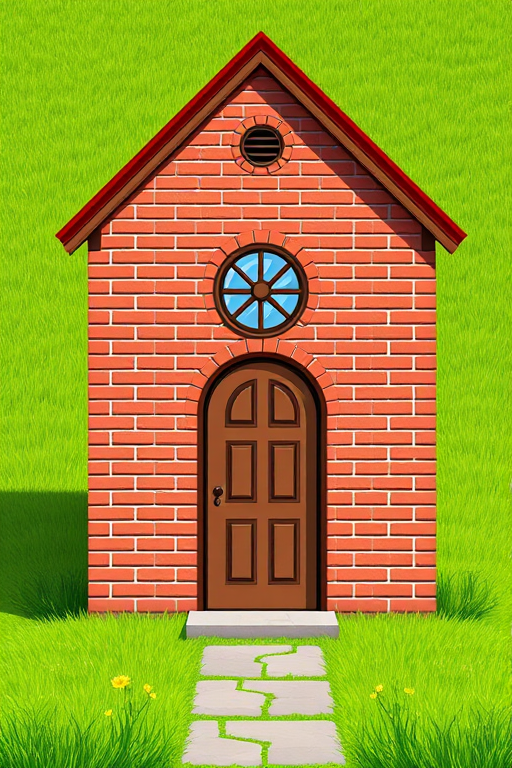 Create a vibrant illustration of a red brick house with a circular window and a brown door, set against a green grassy background, captured with a DSLR camera at f/8 aperture, ISO 100, 35mm focal length, in natural daylight for enhanced clarity and detail.