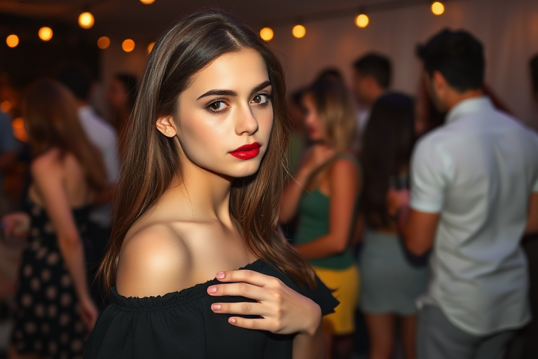 A candid shot of a young woman in the foreground, captured in a moment of contemplation. She is dressed in a simple black off-the-shoulder top, with her long brown hair cascading down her shoulders. Her makeup is subtle, with a focus on her eyes and lips, which are accentuated with a deep red lipstick. The woman's pose is relaxed, with one hand adjusting her dress and the other resting on her shoulder. In the background, a group of people, possibly at a party or gathering, is visible, with some wearing casual attire, suggesting a relaxed, social atmosphere. The lighting is soft, with warm hues, possibly from the setting or rising sun, casting a gentle glow on the scene. The overall mood of the image is one of calm and introspection.