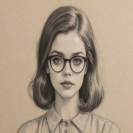 Bewitching India Eisley, pencil sketch, portrait of Magnificent woman 1954s in glasses, hair style beatnik, outline, clear lines, fine lines, 8k