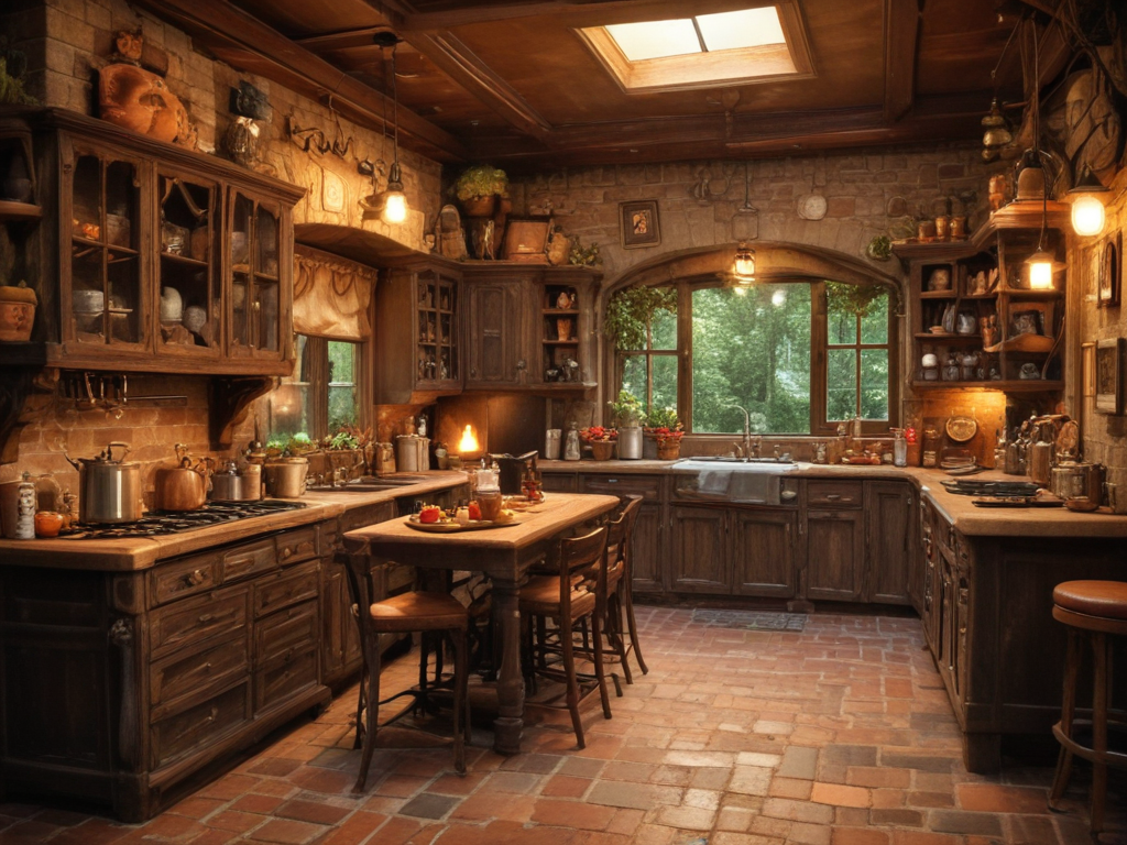 Charming Rustic Kitchen with Warm Lighting and Vintage Wooden Cabinets