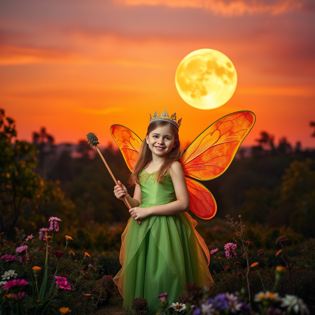 A vivid photo  taken under a bright camera flash of a fantastical scene set against a backdrop of a forest during sunset. The main subject is a girl dressed as a fairy, adorned with translucent wings and a green dress, holding a wand, her face is happy, and she wears a crown on her head. The forest behind her is a blend of flowers, shrubs and trees. The sky is painted in hues of orange and pink, with a large, glowing moon casting a warm glow over the scene. The overall color palette is dominated by earthy tones.