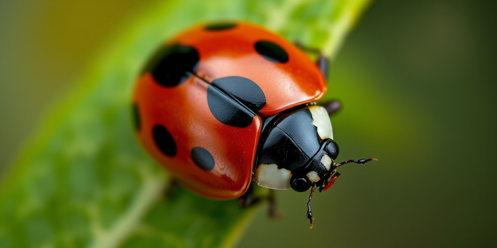 Create a high-resolution illustration of a ladybug with a glossy finish, using a macro lens with a f-stop of 2.8, ISO 100, at a 50mm focal length and a shallow depth of field, capturing vibrant colors and intricate details in a top-down view.