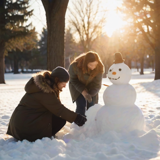 Blurry candid shot of a family building a snowman in a quiet park, soft golden light from the setting sun casting long shadows on the snow, with laughter and joy filling the scene.