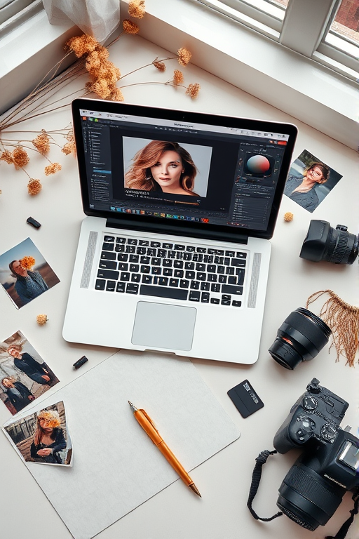 A high-resolution flat lay photograph of a MacBook displaying an editing software with an image of a woman, surrounded by scattered printed photos, dried flowers, a gold pen, a camera, and memory cards; shot with a Canon EOS R5, 50mm lens, aperture f/1.8, ISO 100, natural light from a window, soft focus to emphasize the laptop and subjects.