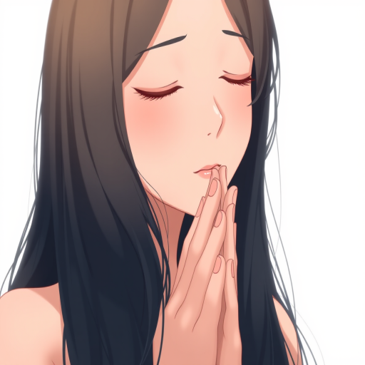 Create a high-resolution illustration of a woman with long black hair, eyes closed, looking peaceful while praying with hands clasped together, using a soft light background to enhance the subject's presence, camera settings: aperture f/4, shutter speed 1/125s, ISO 200, camera view: portrait, camera style: soft focus, camera type: digital art.