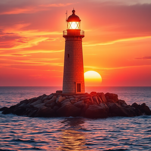 Generate an image of a tall lighthouse perched on a rocky outcrop surrounded by calm ocean waters during a breathtaking sunset. The lighthouse stands sturdy and weathered, its stone surface illuminated by the warm golden light of the setting sun. The sun's rays pass directly through the glass lantern room at the top of the lighthouse, casting a brilliant light across the scene. The sky is painted with vibrant shades of orange, pink, and purple, reflecting off the tranquil sea. The surrounding water shimmers with the same warm hues, creating a serene and majestic atmosphere.