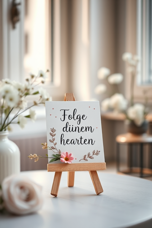 capture a softly lit interior scene featuring a small easel with a decorative card that says "Folge deinem Herzen" surrounded by delicate floral accents, use a 50mm lens at f/2.8, ISO 200, shutter speed 1/60 sec, natural light from a nearby window, shallow depth of field, shot from a slightly elevated angle with a shallow focus on the card and a blurred background to enhance image quality