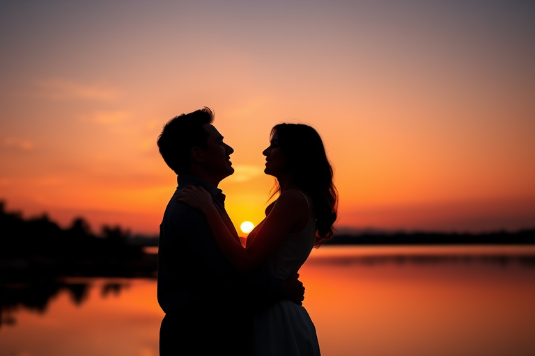 silhouette of a couple embracing at sunset with vibrant orange sky and reflection in water, taken with a Canon EOS 5D Mark IV, 50mm lens, f/8 aperture, 1/200s shutter speed, positioned at eye level with a warm color filter for enhanced sunset tones