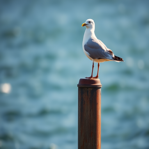 seagull perched on a rusty post by the sea, soft natural light, bokeh background, 50mm lens, aperture f/2.8, shutter speed 1/200, ISO 100, shallow depth of field, DSLR camera, high-resolution image