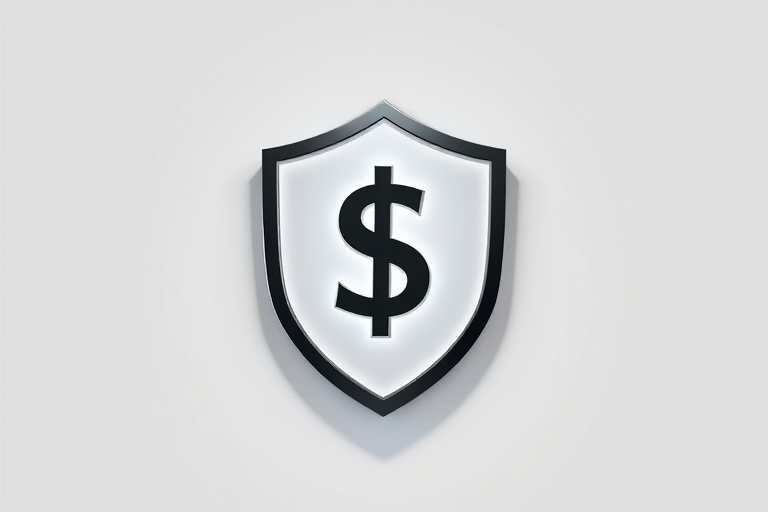 Create a 3D-rendered shield icon with a dollar sign in the center, using a Canon EOS R5, aperture f/2.8, ISO 100, 50mm lens, soft natural lighting, and a clean white background for enhanced image quality.