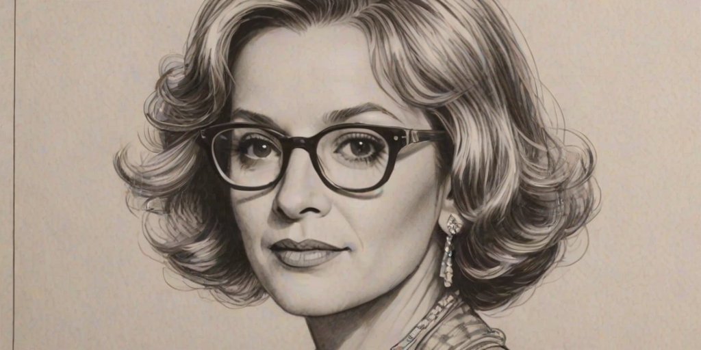 Comely Barbara Walters, pencil sketch, portrait of Alluring woman 1924s in glasses, hair style beatnik, outline, clear lines, fine lines, 8k