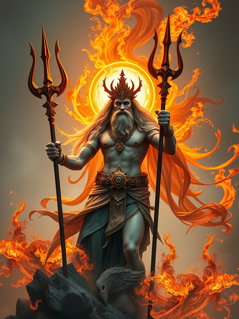 Create a high-resolution image of a mythological figure holding a trident, with an orange and gold aura, surrounded by swirling flames and abstract elements, taken with a Canon EOS R5, 50mm lens, f/1.8 aperture, ISO 100, in natural light.