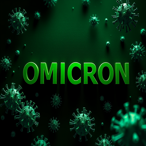 Create a digital illustration of the word "OMICRON" in bold green letters surrounded by stylized virus particles on a dark green background, shot with a DSLR camera at f/8 aperture, ISO 200, 50mm lens, using a macro photography style for enhanced detail and clarity.