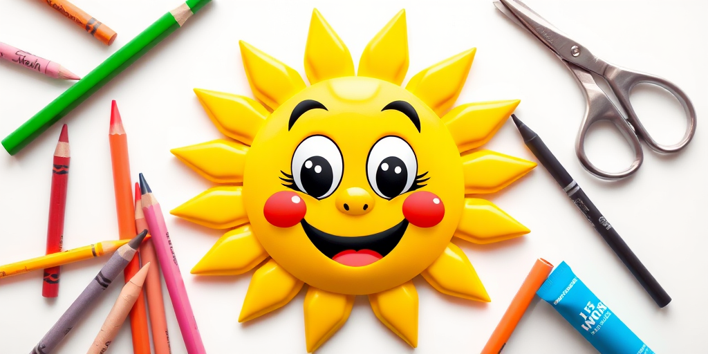 A cheerful cartoon sun character with large expressive eyes surrounded by colorful crayons, a green pencil, a pair of scissors, and a blue tube of paint on a white background; shot with a high-resolution DSLR camera at f/8 aperture, 50mm lens, daylight setting, and soft focus for enhanced clarity.