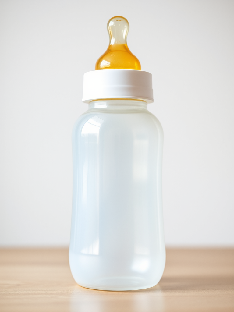 Create a high-resolution digital illustration of a baby bottle with a yellow nipple and white body, shot in a macro view using a DSLR camera at f/2.8 aperture, ISO 100, and a shutter speed of 1/200 sec under soft natural lighting for enhanced clarity and detail.