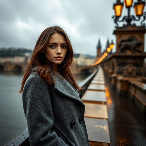 cinematic photo from above, waist up shot, sharp focus, a beautiful woman in foreground, in Prague, at the Charles Bridge, river in background, overcast rainy day, wearing long grey wool coat, warm rich color palette