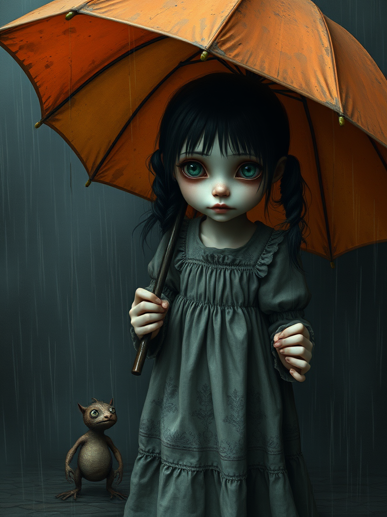 An eerie, weird little girl with dark hair in thin pigtails, wearing a smock dress, standing in the rain, holding a dirty orange umbrella, a small, odd creature beside her. In a surreal style inspired by Nicoletta Ceccoli and Brian Froud. Dark fantasy themes