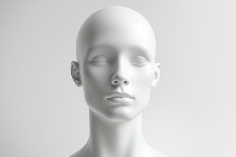Create a hyper-realistic 3D render of a white mannequin head, with a clean background, using a DSLR camera type, f/2.8 aperture, ISO 100, 50mm lens, and soft diffused lighting to enhance detail and texture.