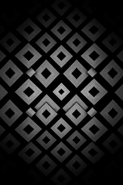 Create a high-resolution image of a repeating diamond pattern with a black and white color scheme, using a DSLR camera with a 50mm lens, aperture set to f/8, ISO 100, and a slight vignette to enhance contrast and depth.