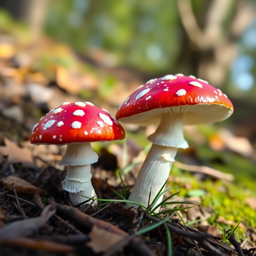 Create a high-resolution digital illustration of two red-capped mushrooms with white spots, captured from a low angle perspective, using a DSLR camera with an aperture of f/2.8, ISO 100, and a focal length of 50mm, ensuring vibrant colors and sharp details in a natural outdoor setting.