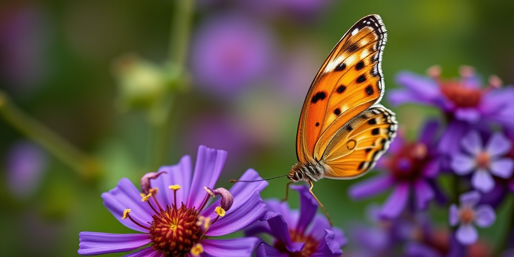 Create a close-up image of a butterfly perched on vibrant purple flowers, using a macro lens, aperture f/2.8, shutter speed 1/250s, ISO 100, taken with a DSLR camera from a slightly above angle for enhanced detail and sharpness.