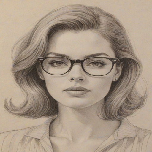 Attractive Rebekah Graf, pencil sketch, portrait of Attractive woman 1962s in glasses, hair style beatnik, outline, clear lines, fine lines, 8k