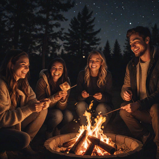 Warmly lit photo of a group of friends roasting marshmallows over a fire pit at night, soft glow from the flames reflecting off their faces, distant stars twinkling in the sky, the sound of laughter and crackling wood filling the air.