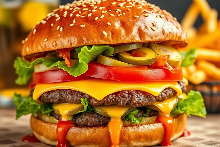 High-resolution, close-up image of a gourmet double cheeseburger. The burger features a glossy, sesame-seed-topped brioche bun. Inside, there are two thick, juicy beef patties, each topped with melted cheddar cheese. The burger is garnished with fresh lettuce, tomato slices, diced onions, and pickles. A generous amount of ketchup and a creamy, orange-colored sauce is dripping down the sides, adding to the mouth-watering appeal. In the background, there are blurred elements including a side of golden French fries and a hint of a beverage, enhancing the overall presentation of a delicious meal.