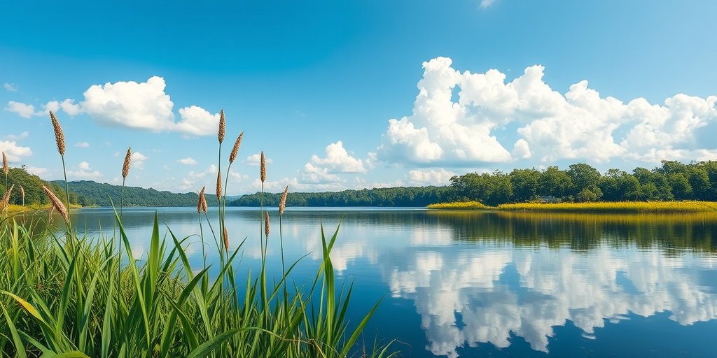 Generate a highly detailed illustration of a serene landscape featuring a calm lake surrounded by lush greenery, with a clear blue sky and fluffy white clouds, captured with a Canon EOS R5 at f/8, ISO 100, 1/200s, wide-angle lens, taken from a low angle to emphasize the foreground plants and reflections in the water.